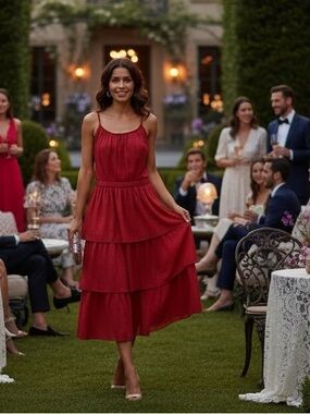 NWT Karl Lagerfeld Paris Crinkle Chiffon Tiered Dress Red Size 14